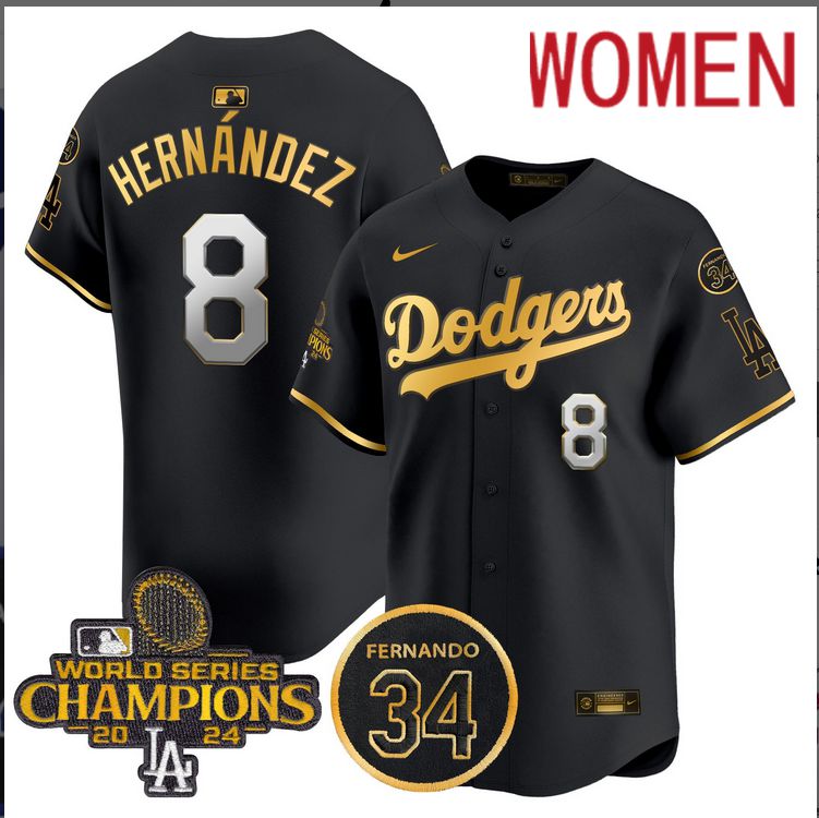 Women MLB Los Angeles Dodgers #8 Hernandez black 2024 World Series Champions Patch Limited Jersey